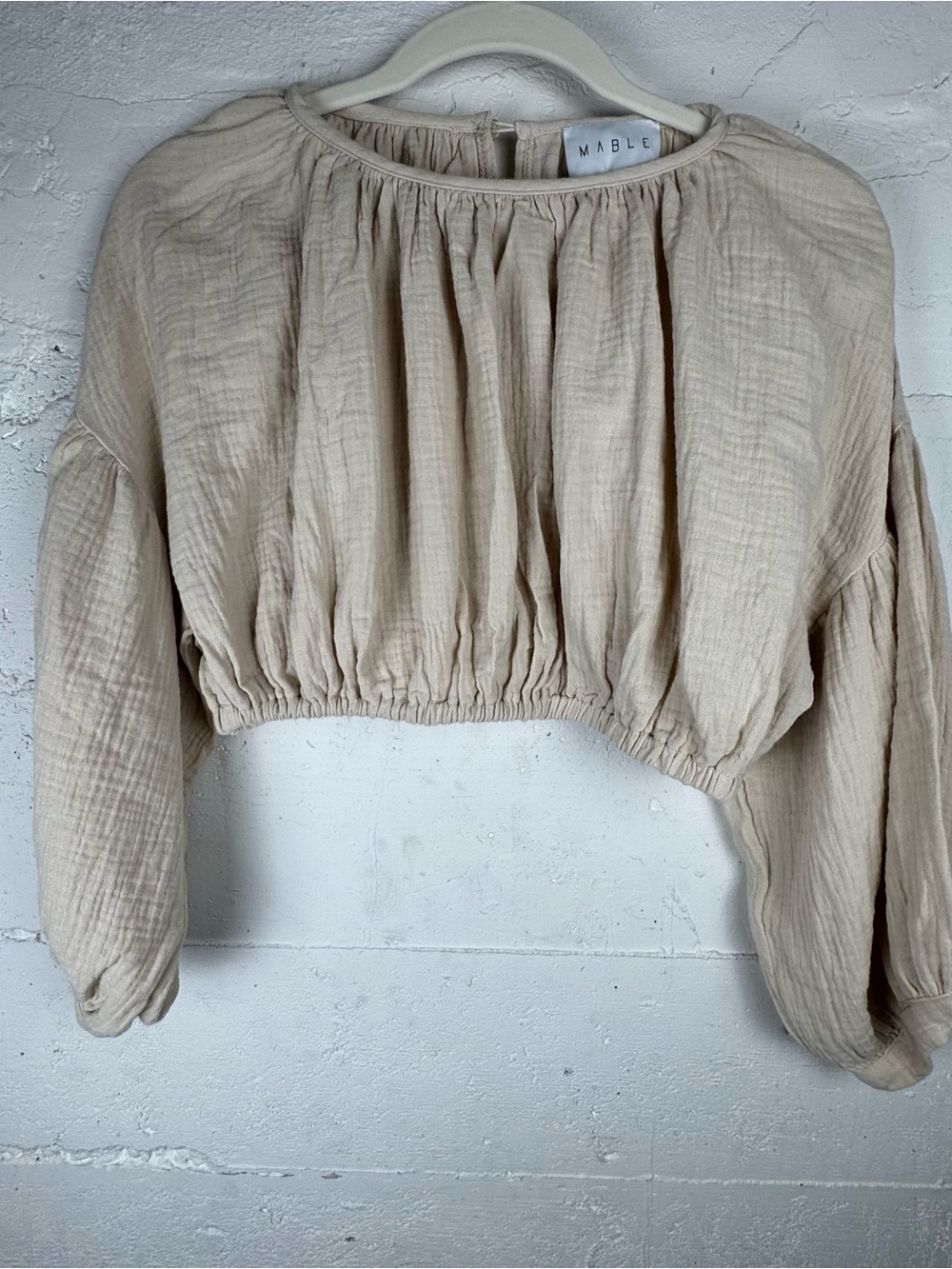 Mable Cream Gathered Crop Long Sleeve Top Gauzy ballon sleeve with Button Cuff S